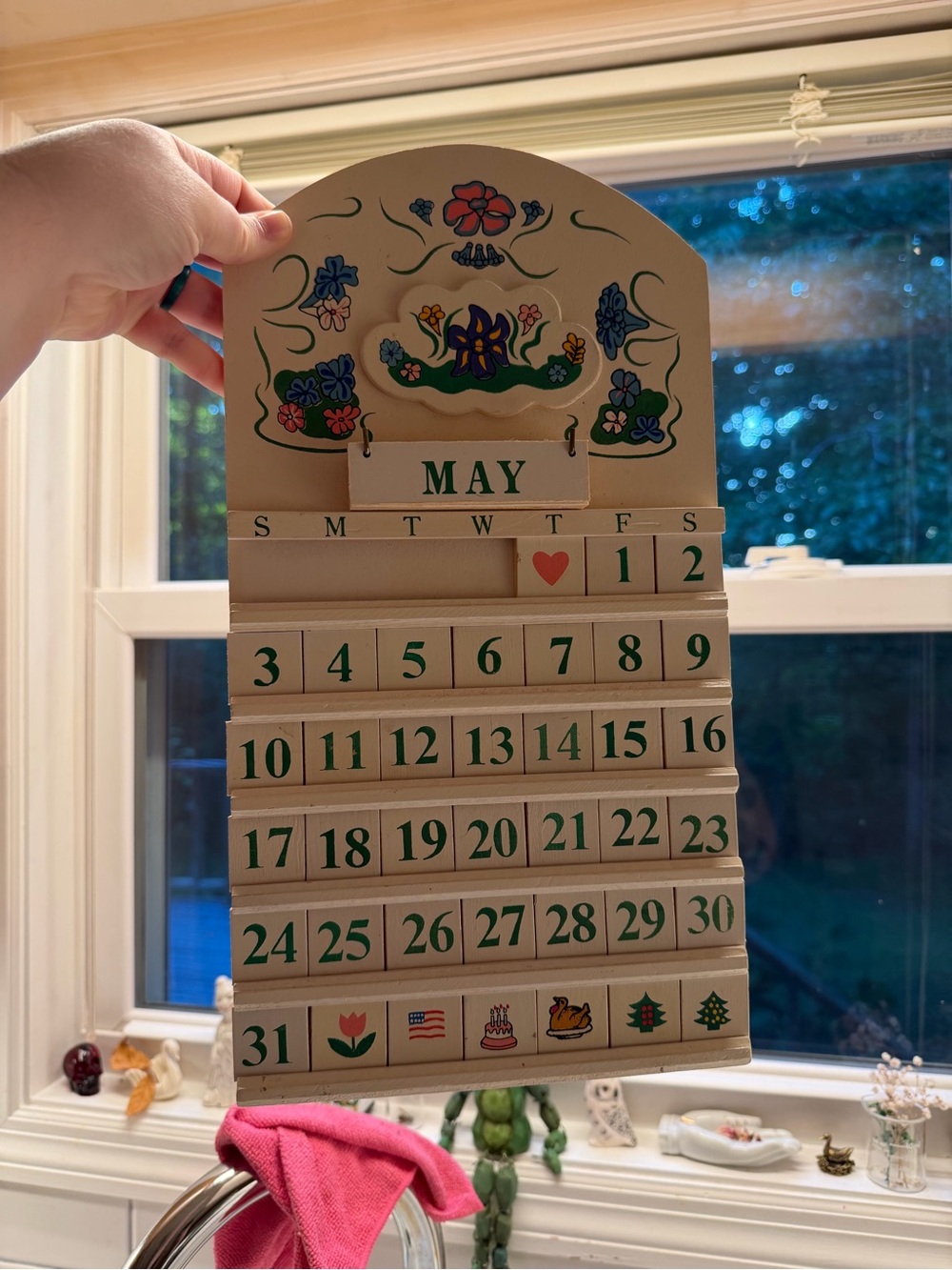Wooden Perpetual Wall Calendar - Cream and Green